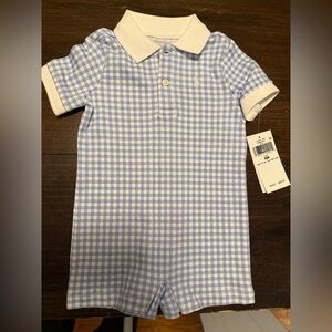 Ralph Lauren Light Blue & White Gingham Polo Romper